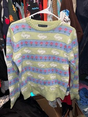 Kiel James Patrick Rabbit Cozy Patterned Crewneck Sweater in Sage, Blue & Pink